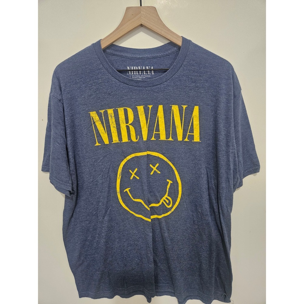 Nirvana Smiley Face Graphic T-Shirt Mens 2XL Blue‎ Heather Short Sleeve Tee